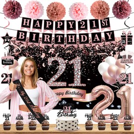 Trgowaul 21st Birthday Decorations for Her, 22pcs Rose Gold Happy Birthday Party Supplies, Backdrop, Hanging Swirl Flag, Paper cupcake toppers, Balloons, Cheers to 21 Year Old Set for Women