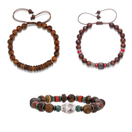 LAOYEFACAI Pearl Bracelet Men's Skull Beads Vintage Turquoise Wooden Beads Strand Stretch Bracelets Men's Adjustable Black Crystal Bead Bracelet Beads Bracelet Men, One size, Wood, Alloy
