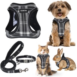 GAMUDA Small Dog Harness Collar and Leash Set, Step in No Chock No Pull Soft Mesh Adjustable Dog Vest Harnesses Plaid Reflective for Dogs Puppy Cats Kitten Rabbit (Black, XS)