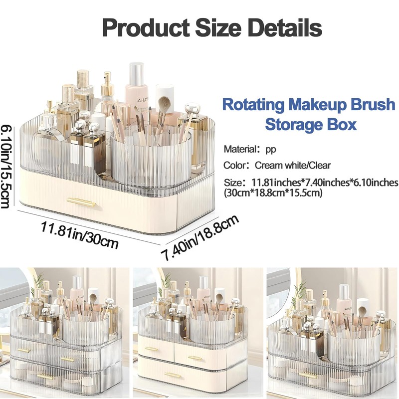 DASITON Makeup Organizer with Drawers and Rotating Makeup Brush Holder,Large
