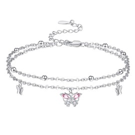 Palpitate Butterfly Anklet for Women Pink Butterfly Anklets 925 Sterling-Silver Ankle Bracelets Adjustable Layered Foot Chain for Women