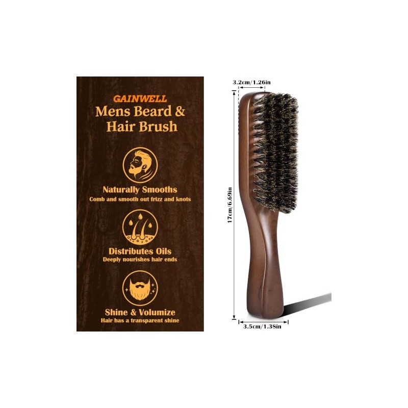 GAINWELL Small Boar Bristle Beard & Hair Brush for Men,