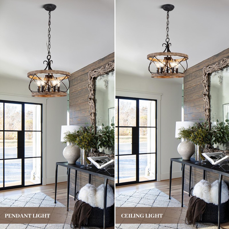 5-Light Farmhouse Wood Chandelier,Rustic Drum Chandelier,Black Vintage Chandelier for Dining