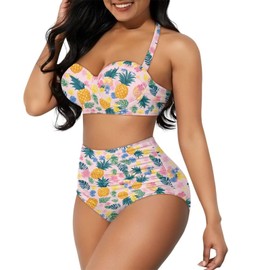 Curugaroo - Conjunto de bikini para mujer, traje de baño de dos piezas con parte inferior de cintura alta, traje de baño de verano y playa, Piña, Small