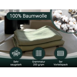 ZOLLNER Set of 5 Cotton Tea Towels in 50 x 70 cm - Super Absorbent and Robust Kitchen Towels - Washable up to 60 °C - in Lime Green - Catering Quality - Oeko Tex® Certified