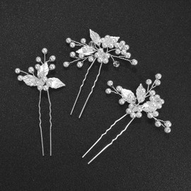 Bridal Hair Accessories, Beusoulover 3 Pieces Silver Hair Pins for Women Wedding, Bridesmaid, Flower Girl, U Shaped Bridal Flower Rhinestone Pearl Hair Pins Hair Vine Hair Piece (Silver)