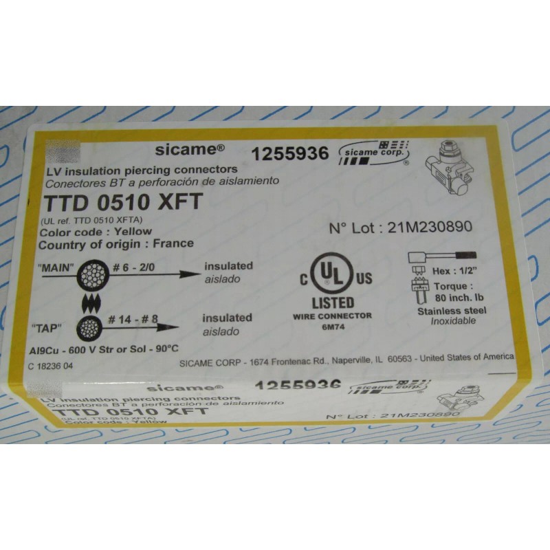 SICAME TTD 05 10 F INSULATION PIERCING CONNECTOR TTD0510XFT YELLOW