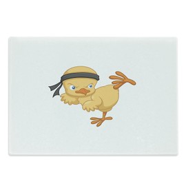Lunarable Chicken Cutting Board, Karate Kicking Chick Fighter Animal with an Angry Expression, Decorative Tempered Glass Cutting and Serving Board, Large Size, Charcoal Grey Earth Yellow Orange