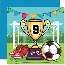 9th Birthday Card Boy - Champions Winners Trophy - Football Birthday Card for 9 Year Old Boy, Age 9 Boys Birthday Cards Ninth Birthday Card, 145mm x 145mm Footy Greeting Card