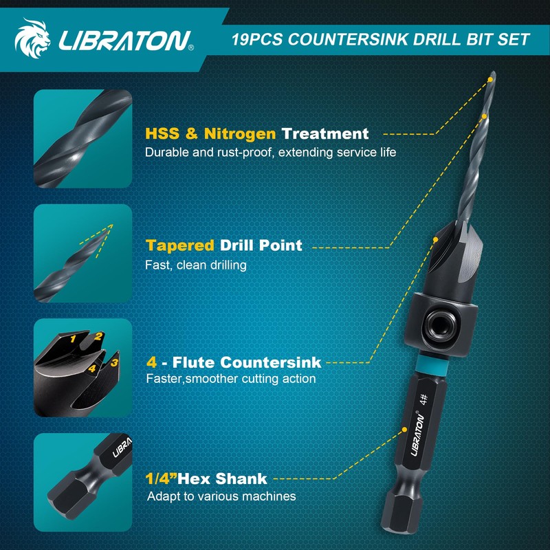 Libraton Countersink Drill Bit Set, 19 PCS Tapered Drill Bits