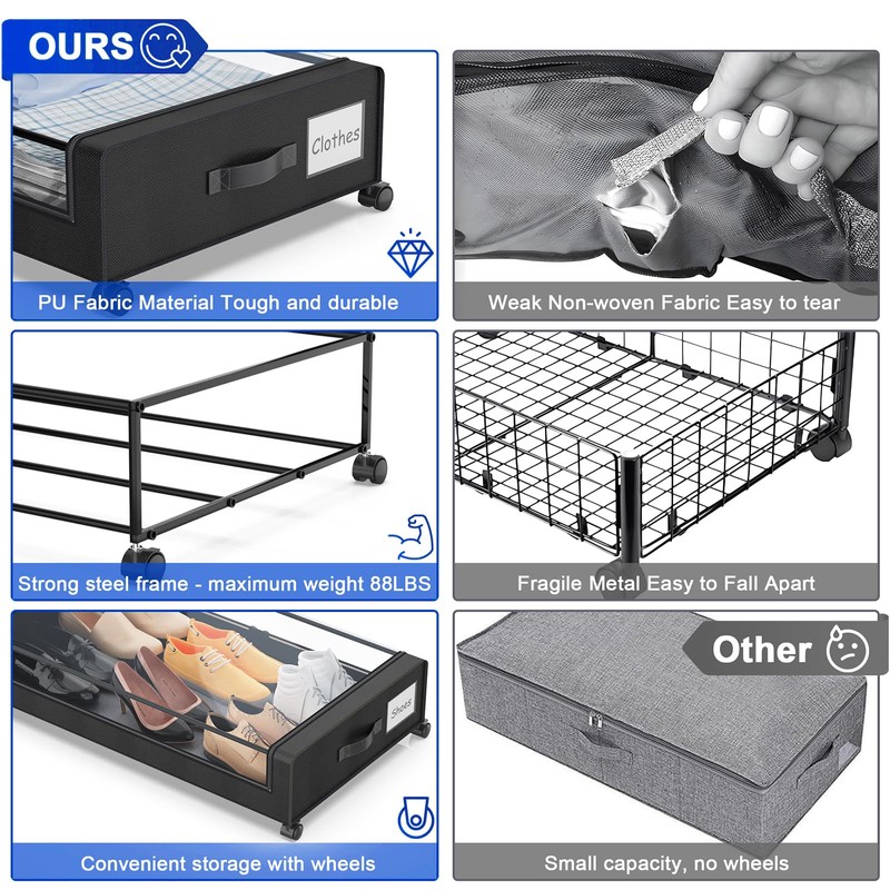 Beborxue Under Bed Storage with Wheels, 4-Pack Under Bed Storage