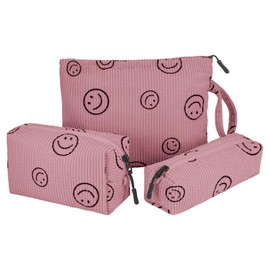 Huiguli Pack of 3 Cosmetic Bag, Beige Corduroy Cute Smile Face Cosmetic Bag, Improved Canvas Material, Interior Make Up Bag, Portable, for Travel, Children, Girls, Women, pink, Fashion