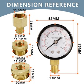 Innfeeltech 1-Pcs 50 mm Well Pump Pressure Gauge BSP 1/4 Inch 0-14 Bar 0 ~ 200 Psi with 2 Pieces Socket 1/4 Inch to 3/8 Inch, 1/4 Inch to 1/2 Inch and 1 Piece Hex Nipple Reducing 1/4 Inch to 1/8 Inch,