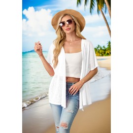 PrinStory Women's Short Sleeve/Long Sleeve Lightweight Cardigan Summer Cardigan Sun Protection Top with High Low Hem, White short-sleeved, XL