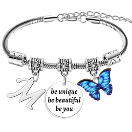 BESPMOSP Bracelet Gifts for Girls Women Letter A-Z Bracelet Blue Butterfly Initial Alphabet Bracelet Butterflies Gifts Inspirational Bracelet Jewellery Gifts for Family Friends (Letter M Bracelet)