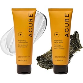 Acure Exfoliante Facial Iluminador y Gel Limpiador Combo Pack - Jabón Exfoliante para la Cara y Limpiador Facial Diario Suave para una Piel Radiante c