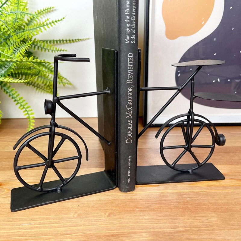Bicycle Bookends Black Metal Vehicle Cycling Bike Riding Book Shelf