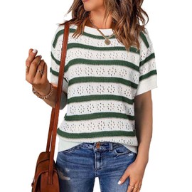 EVALESS Women's Short Sleeve Sweater Summer Trendy Crewneck Color Block Knit Pullover Shirts Fashion 2025 Spring Hollow Out Sweaters Cute Going Out Tops Business Casual Outfits Green Medium