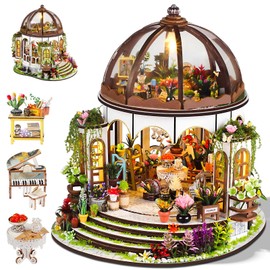 OurMiao Miniature House Kit Hanging Garden, DIY Miniature Dollhouse Kit for Adults with Furniture & LED Lights, Wooden Craft Gifts for Adults Women Teens
