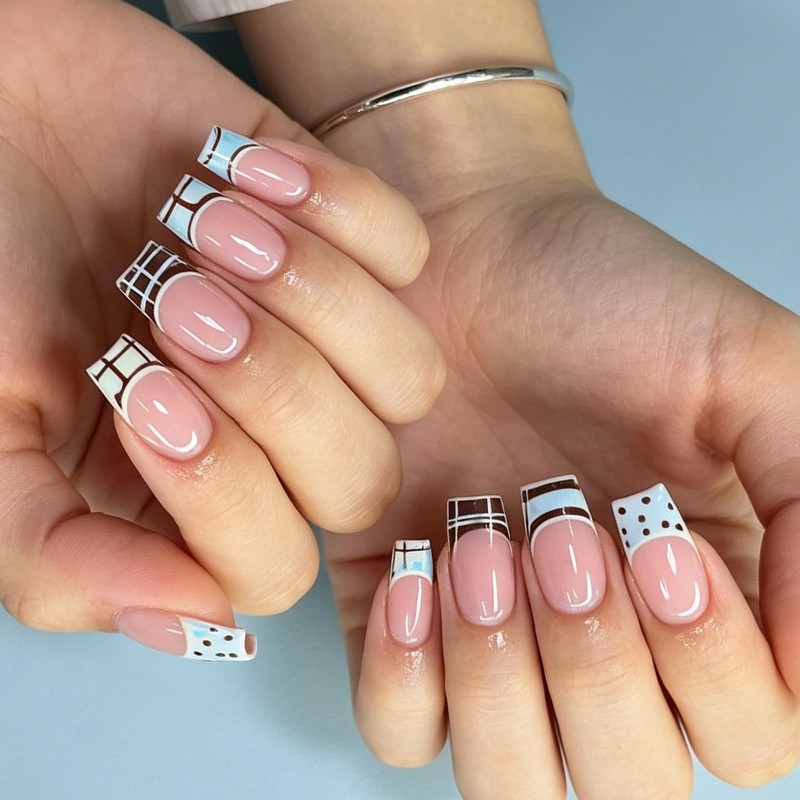 PINE WAVES 24Pcs Blue Press on Nails Almond, Summer Nails