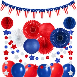 16PCS 4th/Fourth of July Patriotic Decorations Set,Red White Blue Paper Fans, USA Flag Pennant, Star Streamer, Paper Flowers Pom Poms for Independence Flag Day Party Decor