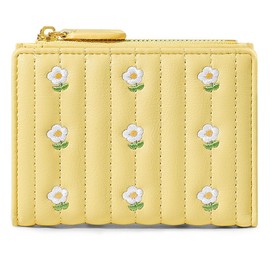 FFpaw Cute Small Wallet for Girls Flowers Bifold Wallets PU Leather Coin Purse Zipper Credit Card Holder with ID Window, Yellow-S, Cute