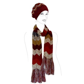 JJcollection Color Knit Scarf and Hat, 66" L x 9" W, Zig-Zag Pattern, Mult.Red