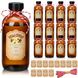 Uiifan 12 Pack 8 Ounce Amber Glass Bottle Boston Round Bottles with Caps Brown Vanilla Extract Bottles and 12 Pcs Vanilla Extract Stickers for Syrup Gift Glass Food Storage Canister Set Sauce Beans