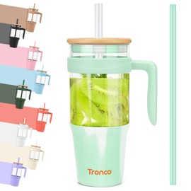 Tronco 40 oz Glass Tumbler with Handle, Glass Tumbler with Straw and Bamboo Lid, Glass Water Bottles Fit in Cup Holder, Iced Coffee Cup, Smoothie Cup, BPA Free, Dishwasher Safe (Mixed Light Green)