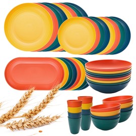 Lazycorner 48-Pcs Kitchen Wheat Straw Dinnerware Set, Service for 8, Plastic Reuasble Dinner Dishes Serving Plate Set for Kitchen, Including Dinner Plate, Dessert Plate, Bowl, Cup(Multicolor)