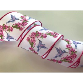 Decorative Ribbon Hummingbirds and Flowers Ribbon, 2 1/2 Inches Wide, Wired Edge, 5 YARDS