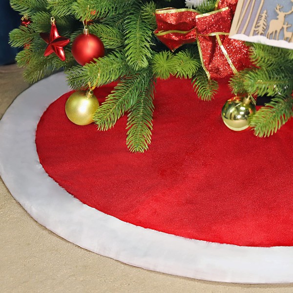 Salcar Christmas Tree Blanket, Christmas Tree Skirt, Round, Red, Plush Christmas Tree Skirt, Protection Against Pine Needles, Luxury Faux Fur for Christmas, Parties, Weddings, Christmas Decoration,