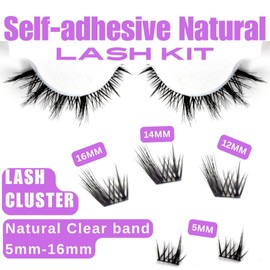 Self-adhesive Natural Lash Clusters Extensions with Tweezers Kits Anime Eyelash Extensions D Curl Wispy Manga Eyelash Clusters Eyelash Extensions Manhua Individual Lashes (H102, 5-16mm)