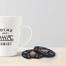 keluki 2PCS Car Cup Holder Coasters,Mexican Sugar Skulls Flowers Print Car Coasters, Anti Slip Rubber Car Cup Mat with A Finger Notch for Women Men 2.7 in