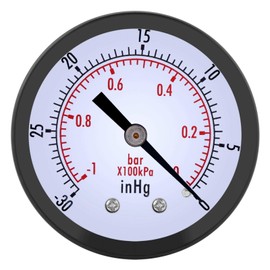 Pressure Gauge, Akozon 0 ~ -30 inHg 0 ~ -1 Bar 50 mm Mini Dial Air Vacuum Pressure Gauge Metal Housing 1/4 Inch BSPT Rear Thread Connection for Water Air Oil Meter