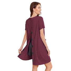Deyeek Open Back Hospital Gown for Women Tear Away Short Sleeve Post Surgery Dress Soft Adaptive Clothing Nightgown Wine Red