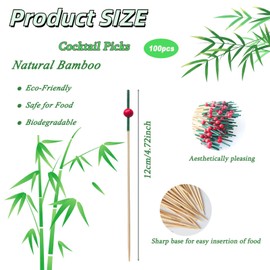 100 Pcs Cocktail Sticks 4.7 Inch, Fancy Toothpicks for Appetizers, Bamboo Long Sticks Fruit Skewers Sandwiches Desserts Food Toothpicks Decorative for Party Wedding Holiday (Red Christmas Bead)