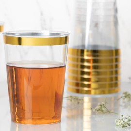 Blue Sky 8oz Elegant Gold Rim Tumblers (50 Count) - Premium Clear Plastic Disposable Cups for Parties, Weddings & Events