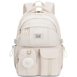 VANKANY Teen Girls Backpack for School, Multi-pocket Aesthetic Middle School Book Bag College Travel Back Pack Kid Casual Laptop Backpack for Women (Beige)