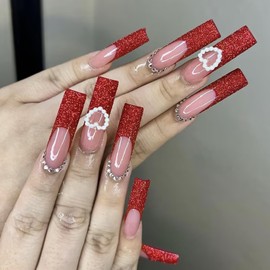 Press on Nails Long Coffin French Glossy Full Cover Acrylic Extra Long Square Rhinestone Red False Nails with Heart Pearl Designs Artificial Fake Nails with Charm Glue Stick on Fingernails for Women