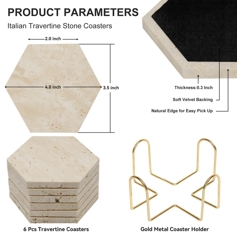 YONGHEE Travertine Coasters Set of 6 with Holder, Hexagonal Rustic