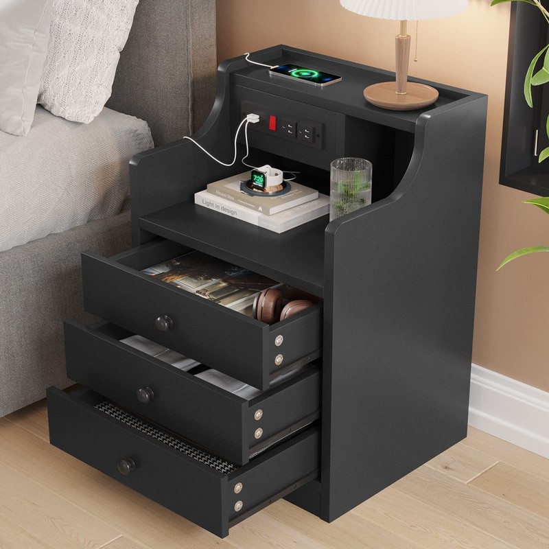 ADORNEVE Nightstand with Charging Station,Black Night Stand for Bedroom,End Table