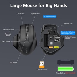 Yeemie Bluetooth Mouse Large Mouse for Large Hands, Wireless Mouse with Tri-Mode (Bluetooth 5.0/4.0+2.4G), 4800 DPI Large Mouse for PC, Mac, Laptop, Black