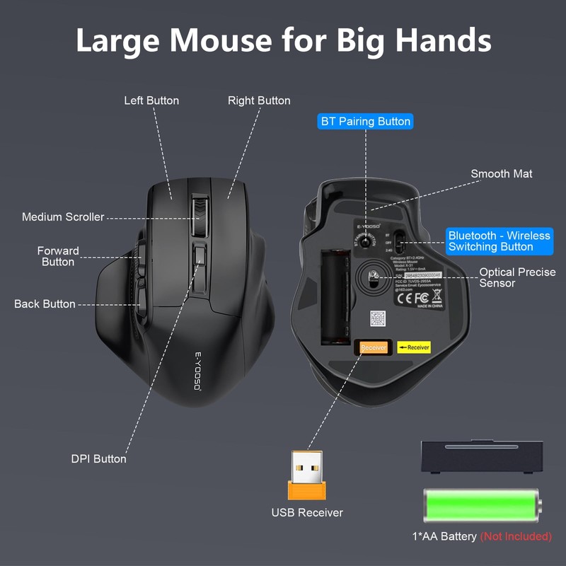 Yeemie Bluetooth Mouse Large Mouse for Large Hands, Wireless Mouse
