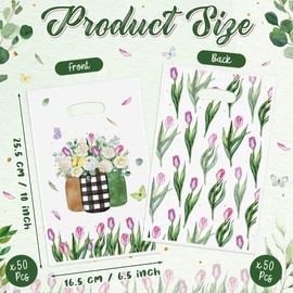 Tulip Party Favor Bags - 50Pcs Spring Tulip Eucalyptus Leaves Camellia Goody Candy Treat Gifts Bags, Spring Floral Theme Party Decorations for Girls Women Birthday Wedding Bridal Shower Supplies