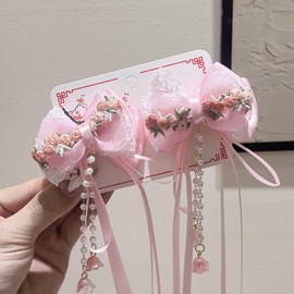 YNOBUN, Fairy Style Ribbon Taski Pearl Hair Clip, Sweet Back Hair Clip, Hair Accessory, Ribbon Bowbell, Lolita Hair Accessory, Kimono Accessories (Set of 2-pk)