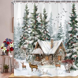 Christmas Winter Shower Curtain, Forest Snowy Deer Pine Tree Red Bird Xmas Snowflake Holiday Decorative Bath Curtain, Rustic Farmhouse Fabric Waterproof Bathroom Curtain with 12 Hooks, 69X72in