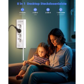 Corner Power Strip, 4-Way Multiple Socket with 2 USB and 2 Type-C, 90° Table Socket, Corner Socket with 2 Switches, Power Strip Surge Protection 3680 W, Multiple Plug with LED for Kitchen, Office, W