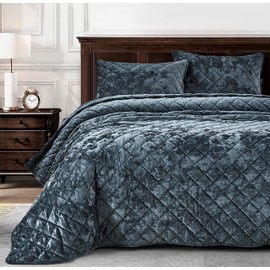 Chezmoi Collection Lux Storm Blue Velvet Quilt Oversized King Set, 3-Piece Plush Distressed Velvet Bedding All Season Lightweight Comforter Brushed Microfiber Reverse with Diamond Stitch Quilting