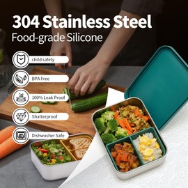 Stainless Steel Bento Box for Kids Adults, Toddler Lunch Box Containers with Silicone Lid,Removable 3 Compartment Design,Leakproof Snack Container, BPA Free, Dishwasher Safe-(1200ml,Dark Green)
